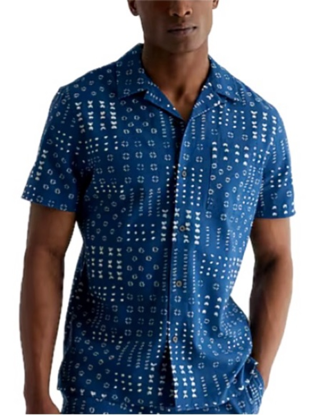 Express Mens Patchwork Print Linen Cotton Short Sleeve Button Shirt Size Large